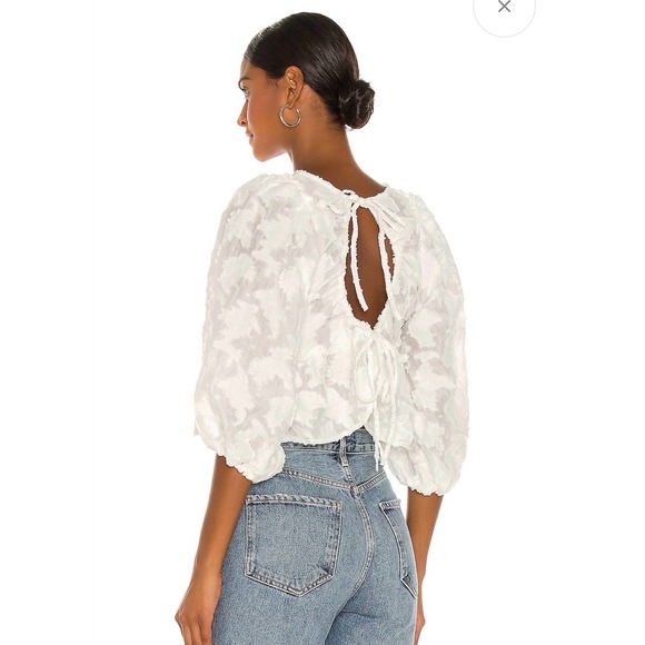 Free People Callie White Floral Applique Peplum Blouse Tie Back Puff Sleeve M - Picture 2 of 9